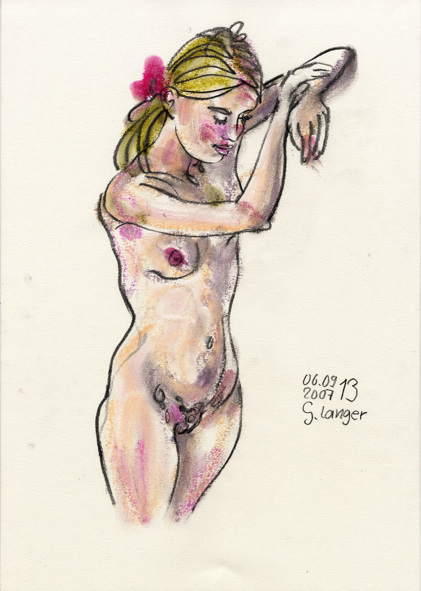 Gunter Langer, stehender weiblicher Akt, 2007, Gouache Wasserfarbe Bleistift, Karton, 59 x 42 cm